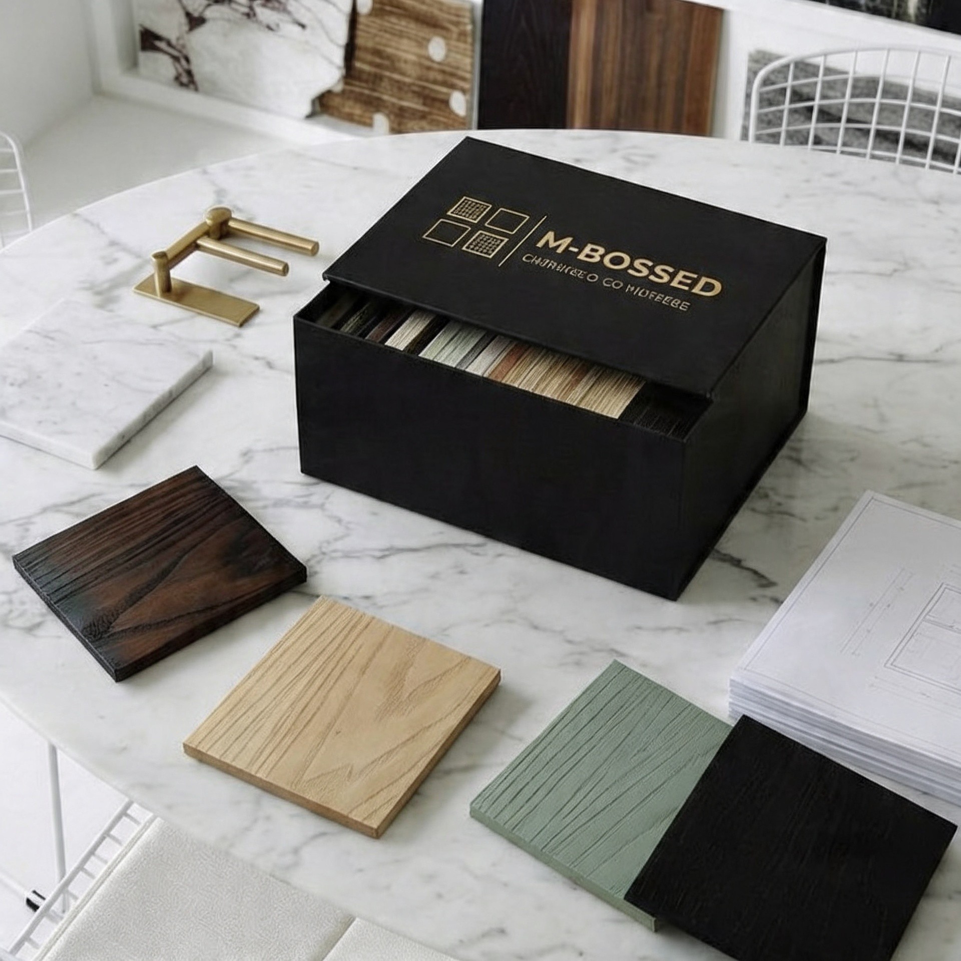 M-Bossed sample box opened showing all six signature embossed panel samples